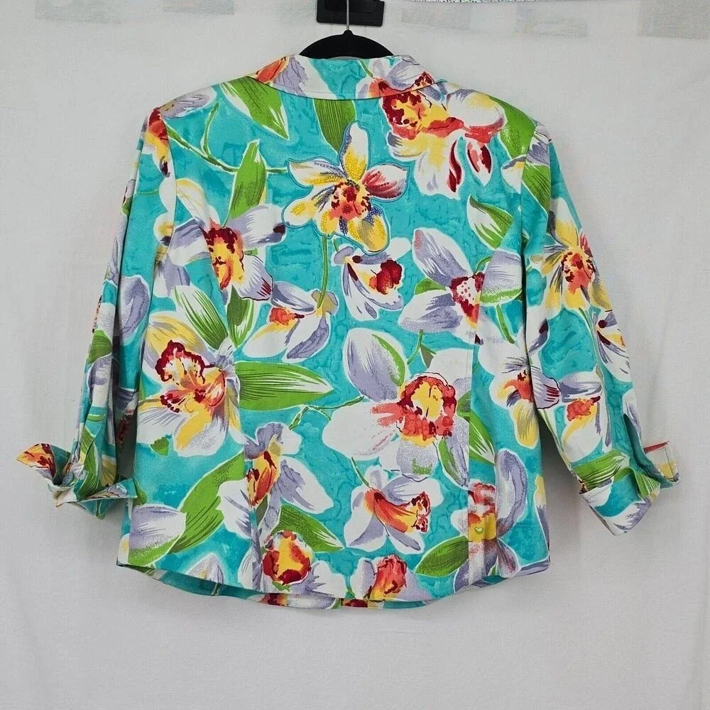 Christina Hope Petite 3pc Set Floral Orchid Blazer Cropped Pants Sequin Top L 16